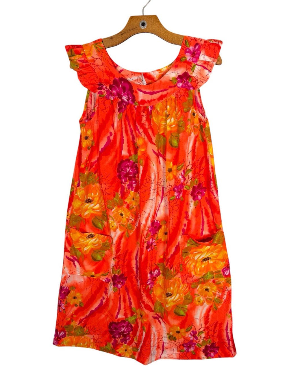 Vintage Hawaiian Bright Orange Floral Tent Dress Resort Vacation Made in Hawaii